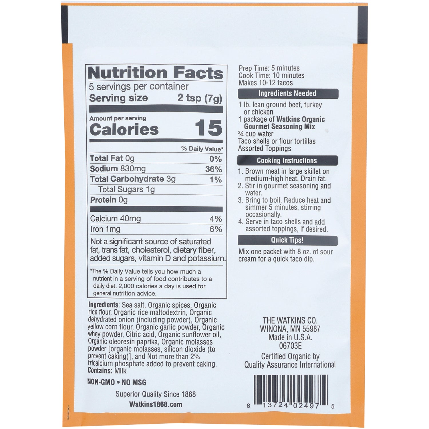 WTK023 | Back of Watkins Organic Taco Seasoning Mix packet with Nutrition Facts, ingredients, instructions, and barcode