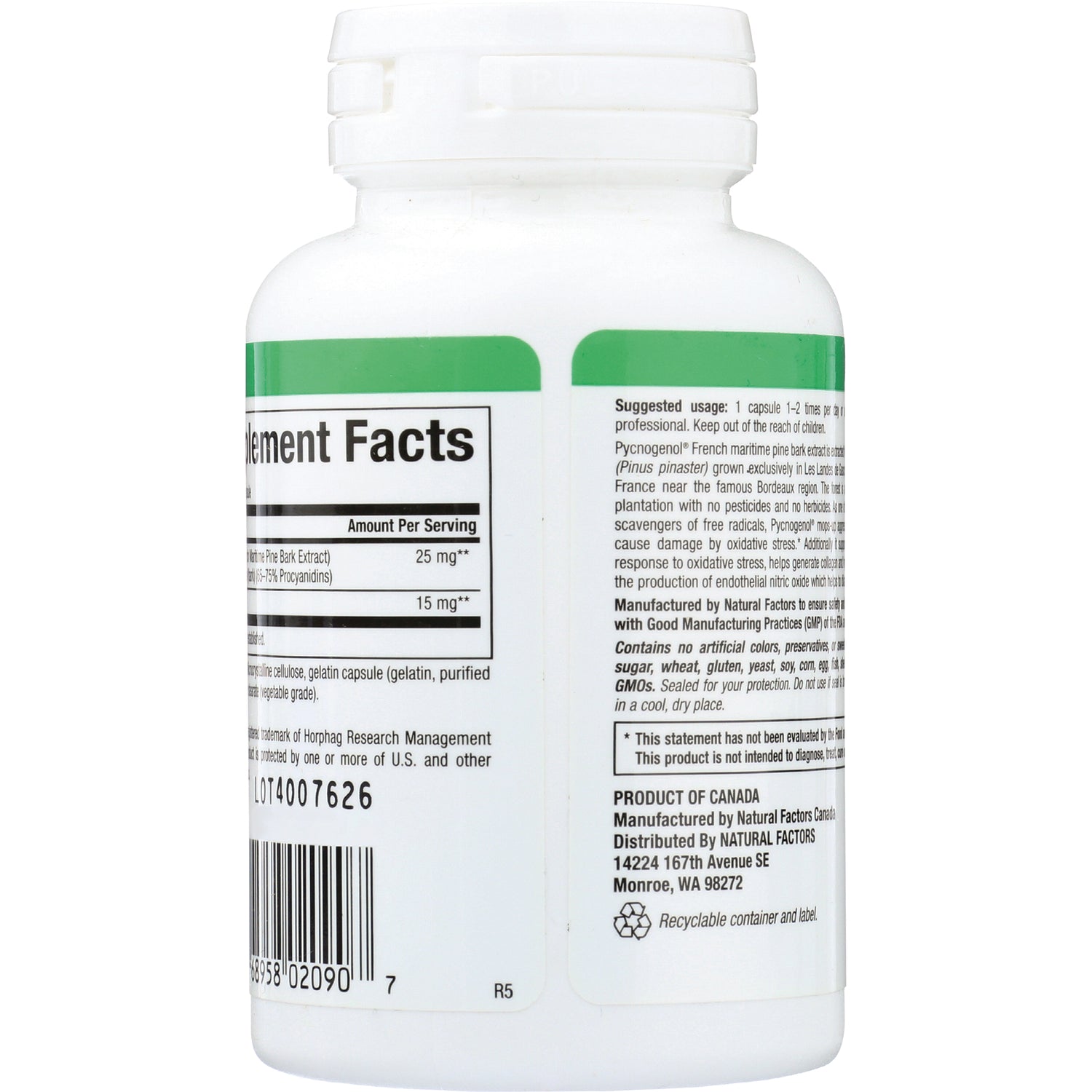 NFC147 | back label of white supplement bottle showing Supplement Facts panel, usage text and barcode
