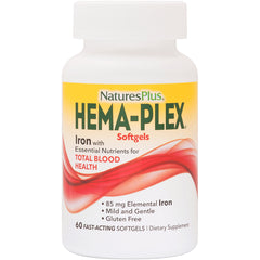 NTP323 | NaturesPlus HEMA-PLEX softgels bottle front label, iron supplement 60 softgels