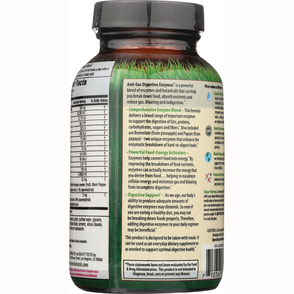 IR091 | Back label of brown supplement bottle showing nutrition facts panel and description titled Anti-Gas Digestive Enzymes - Thumbnail