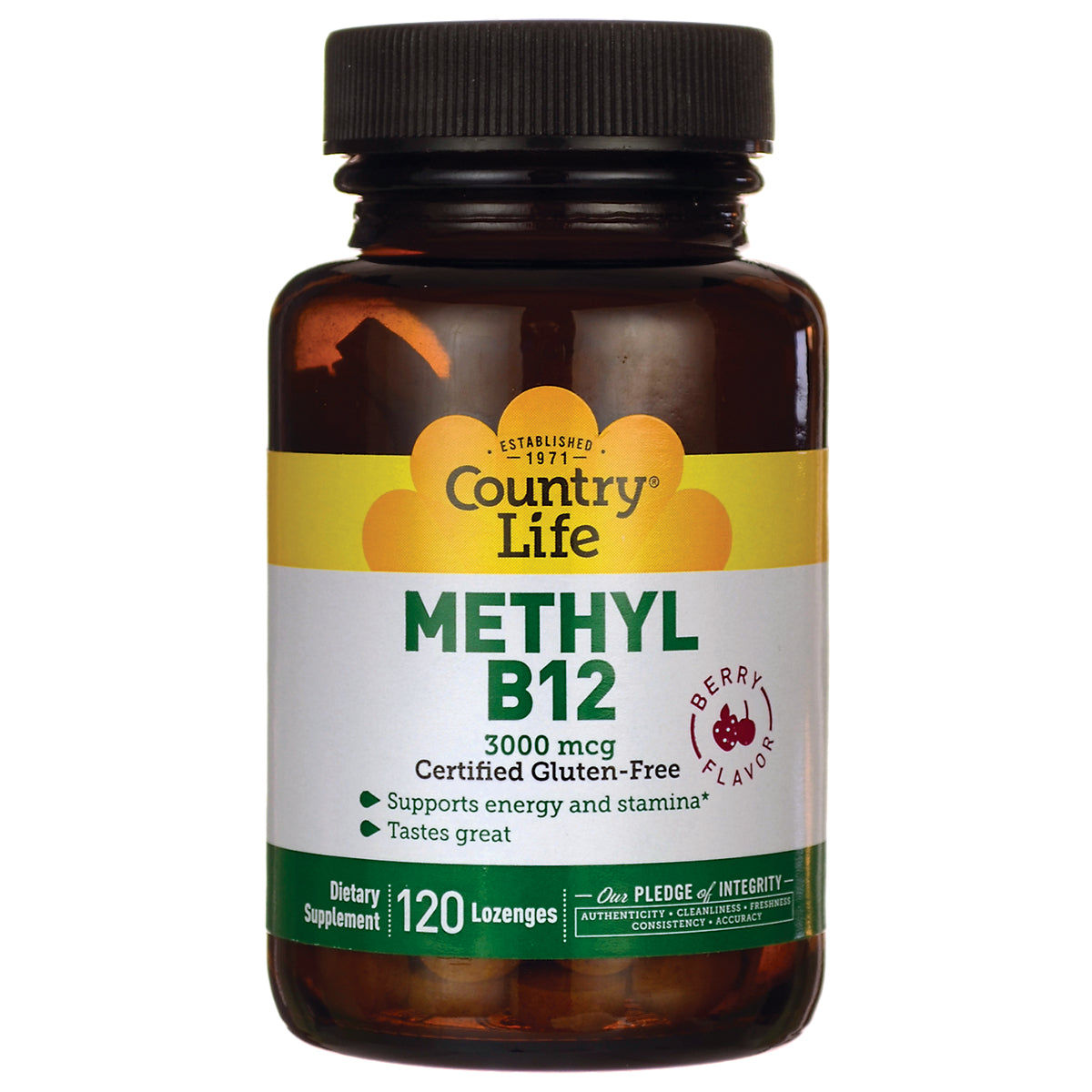 CRL574 | Country Life Methyl B12 3000 mcg bottle, 120 berry-flavored lozenges, certified gluten-free