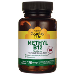 CRL574 | Country Life Methyl B12 3000 mcg bottle, 120 berry-flavored lozenges, certified gluten-free