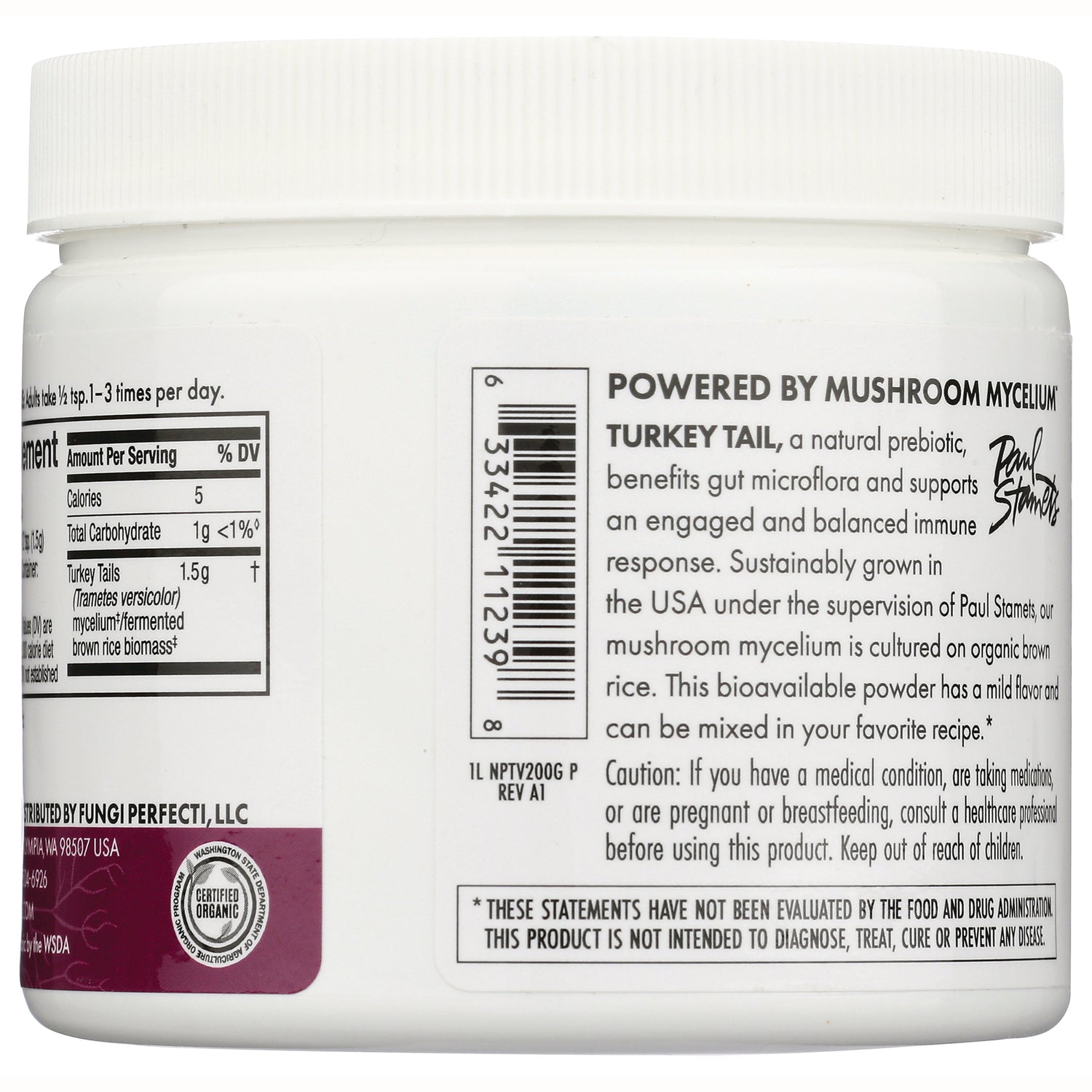 FUN050 | Back of white supplement jar showing Turkey Tail mushroom mycelium text, barcode, and nutrition facts
