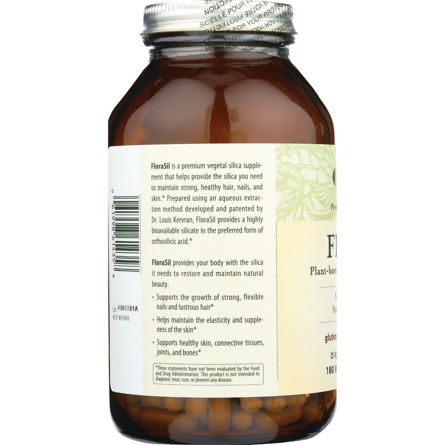 FL025 | Back label of brown supplement bottle showing product description, usage bullets, barcode and visible capsules