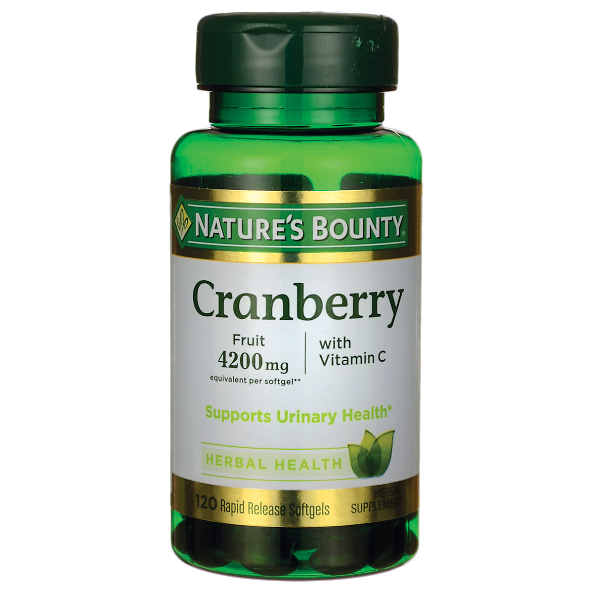 NBY012 | Nature's Bounty Cranberry supplement bottle labeled 4200 mg with Vitamin C, 120 rapid release softgels