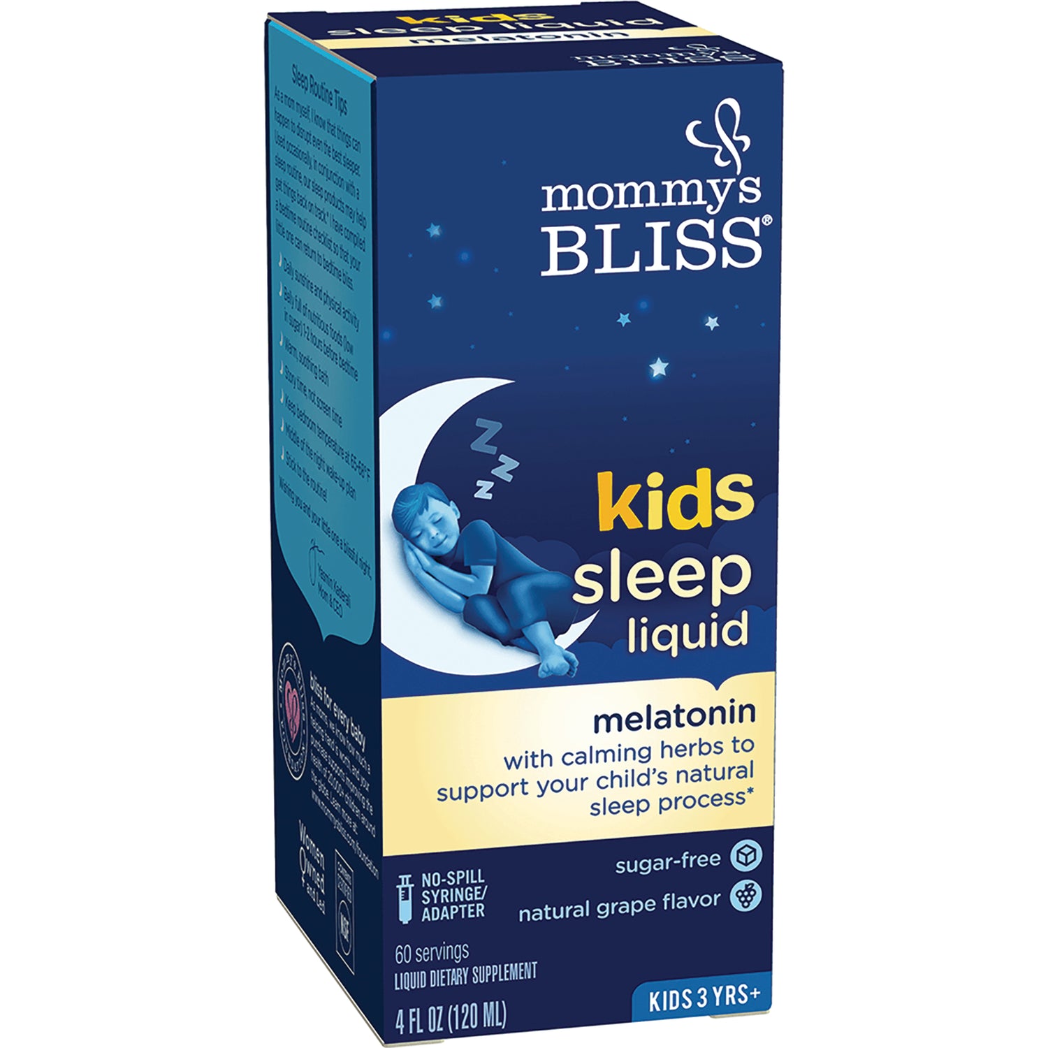 MMB005 | Mommy's Bliss kids sleep liquid box showing melatonin, natural grape flavor, 4 fl oz
