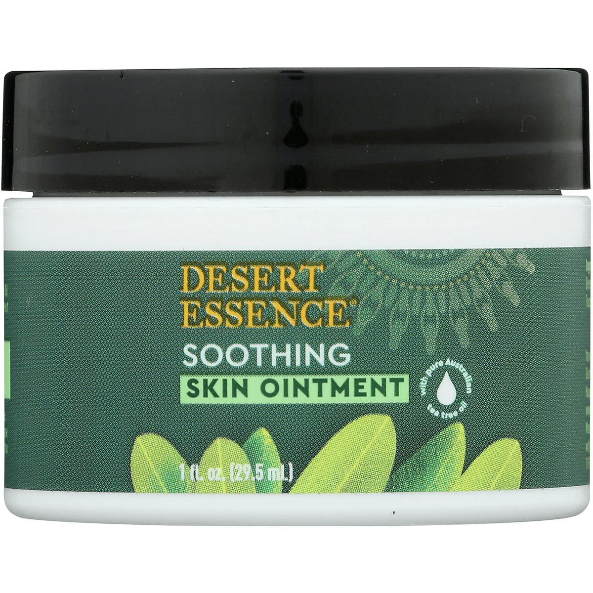 Desert Essence soothing skin ointment jar labeled DESERT ESSENCE SOOTHING SKIN OINTMENT 1 fl oz