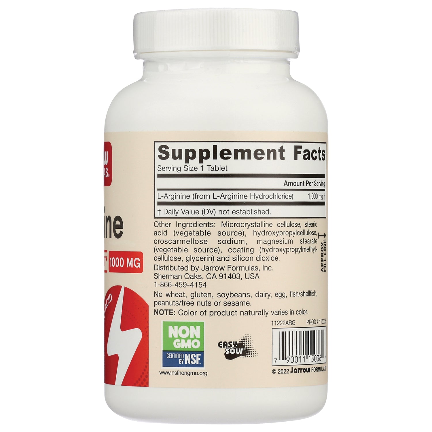 JR026 | Supplement facts and ingredients label on white bottle showing L-Arginine 1,000 mg, barcode and NON GMO NSF logos
