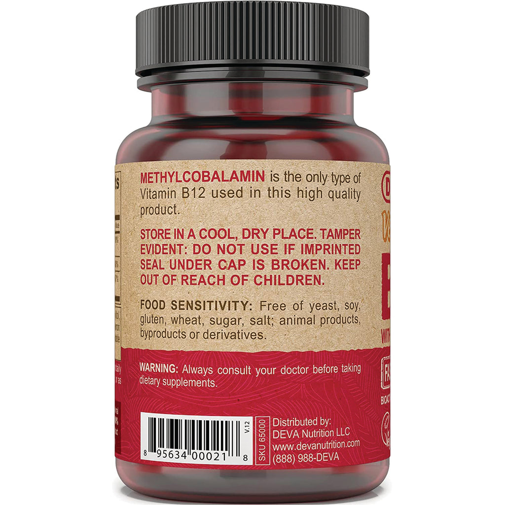 DEV008 | back of amber supplement bottle label showing METHYLCOBALAMIN note, storage instructions, food sensitivity, warning and barcode - Thumbnail
