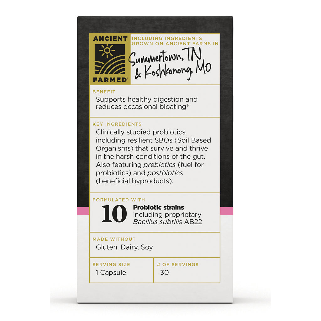 ATN138 | Back panel showing benefits, key ingredients, 10 Probiotic strains, made without gluten, dairy, soy, serving size 1 capsule - Thumbnail