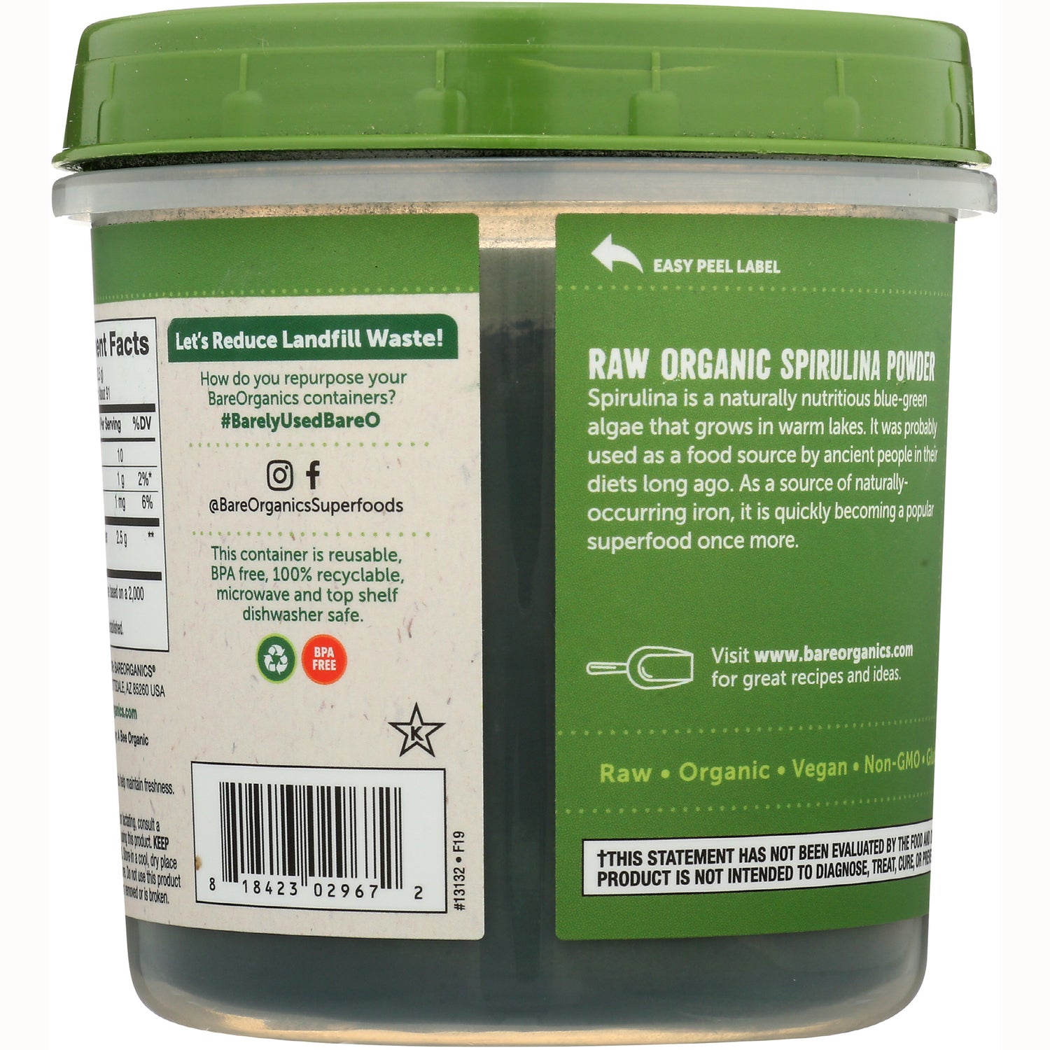 BOR007 | product infographic showing container back label with Raw Organic Spirulina Powder description, barcode, and recycling icons