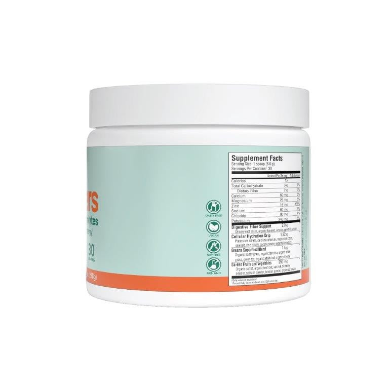 CFR032 | Back label showing supplement facts panel and certification icons on a pale teal tub