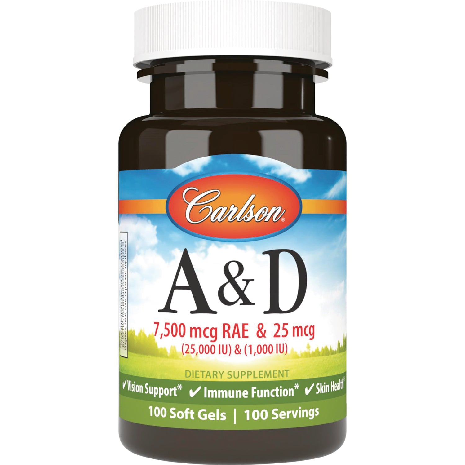 CSN153 | Carlson A&D softgel bottle, 7,500 mcg RAE & 25 mcg (25,000 IU & 1,000 IU), 100 soft gels