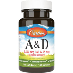 CSN153 | Carlson A&D softgel bottle, 7,500 mcg RAE & 25 mcg (25,000 IU & 1,000 IU), 100 soft gels