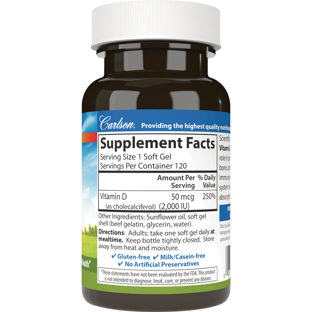 CSN025 | Back label showing Supplement Facts panel for vitamin D soft gels, serving size 1 soft gel, 50 mcg (2,000 IU) - Thumbnail