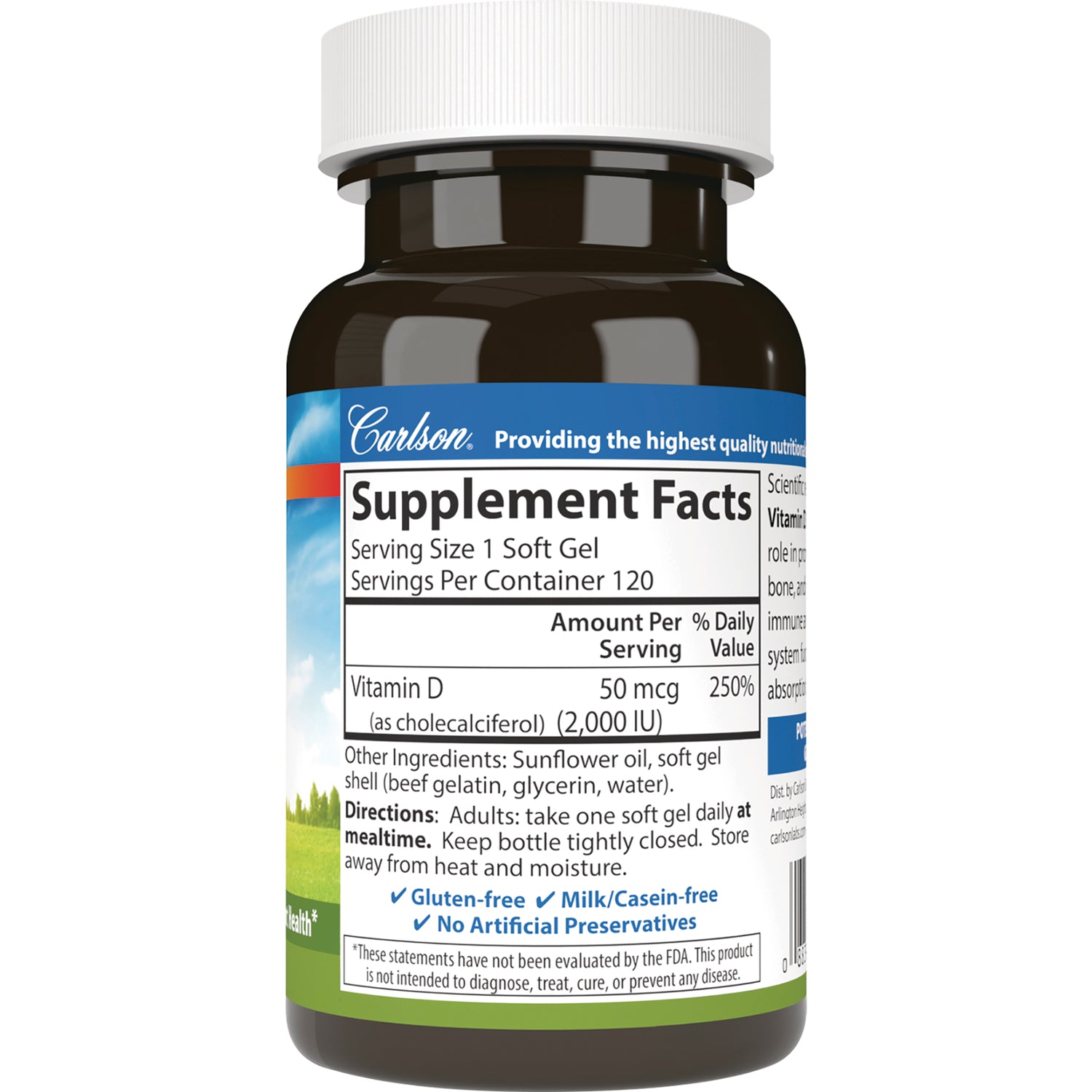 CSN025 | Back label showing Supplement Facts panel for vitamin D soft gels, serving size 1 soft gel, 50 mcg (2,000 IU)