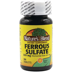 NAB128 | Nature's Blend Ferrous Sulfate dietary supplement bottle front label, 325 mg, 100 tablets