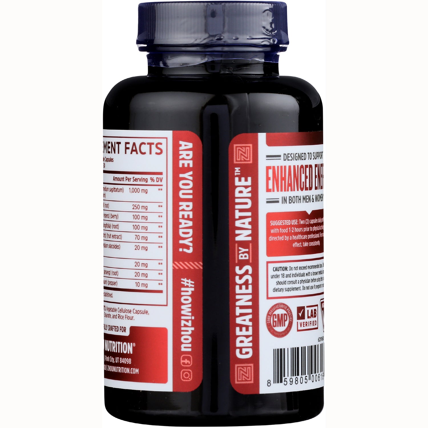 ZOU027 | Back of supplement bottle with Supplement Facts panel and text: Greatness by Nature, Enhanced Energy