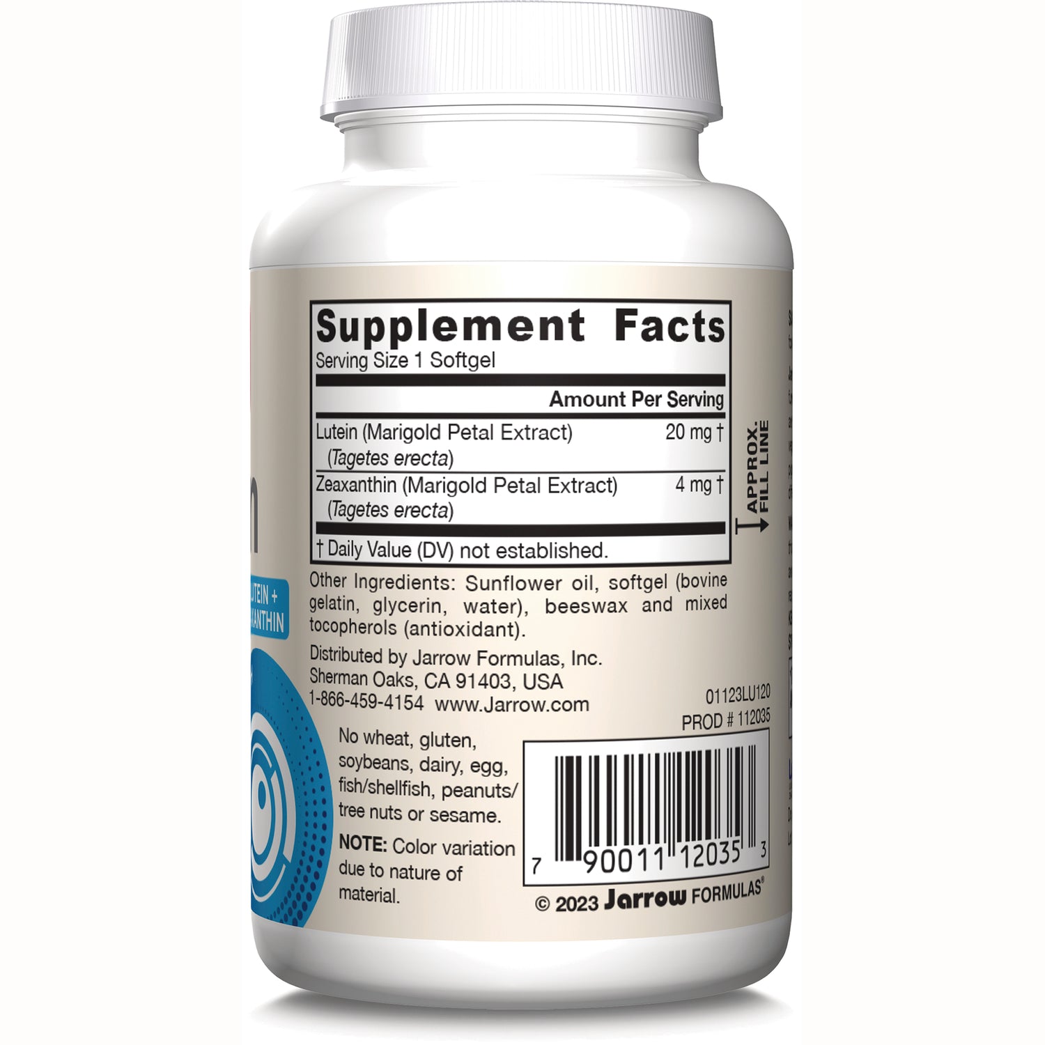 JR322 | Back label showing Supplement Facts panel with lutein and zeaxanthin amounts, ingredients and barcode