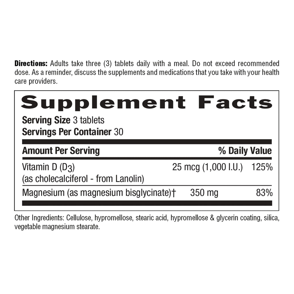 CRL648 | Supplement Facts panel: Serving size 3 tablets; Vitamin D3 25 mcg (1,000 I.U.) 125%; Magnesium 350 mg 83%; directions and other ingredients listed - Thumbnail