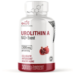 NFU012 | White bottle labeled UROLITHIN A NAD+ Boost 500 MG per serving, 30 vegan capsules with pomegranate image