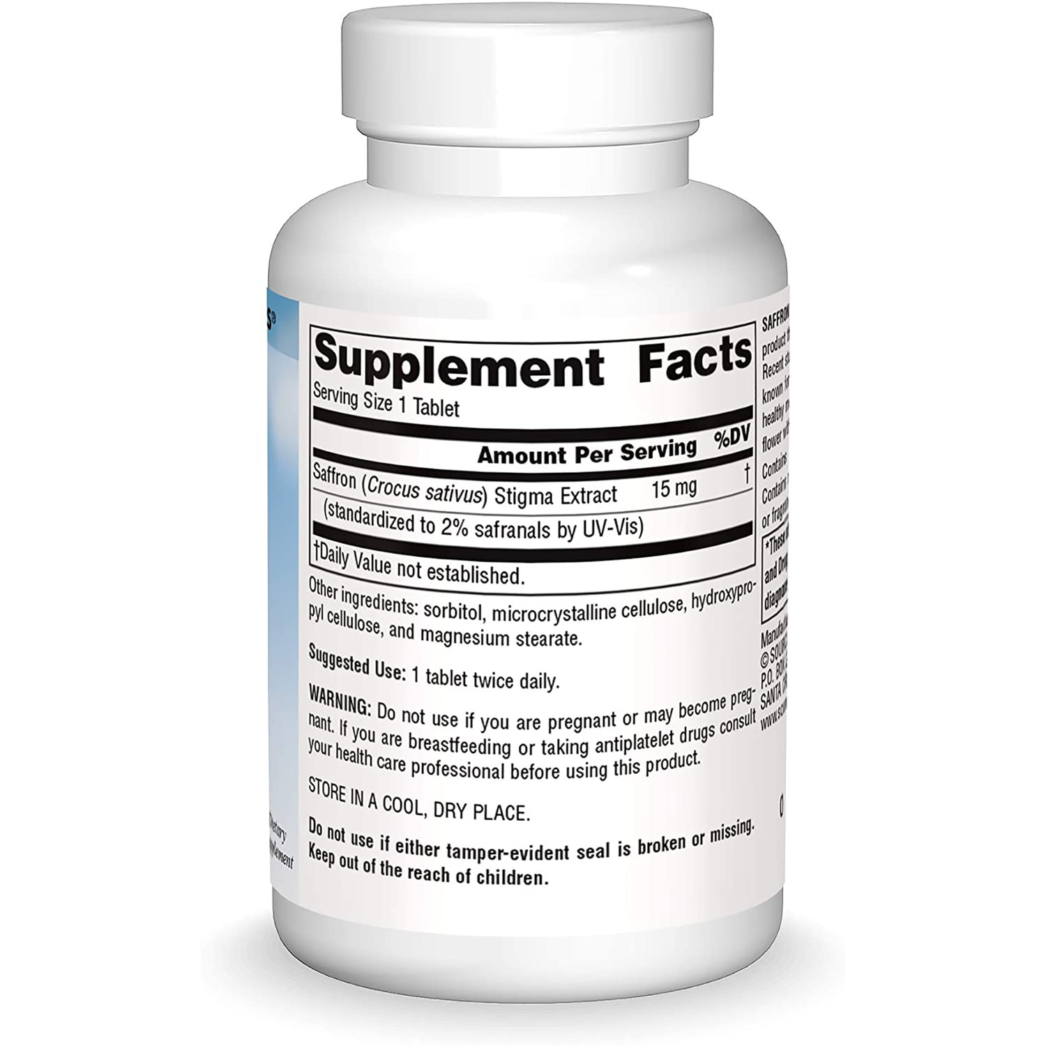 SN960 | Back label with Supplement Facts for Saffron (Crocus sativus) stigma extract 15 mg