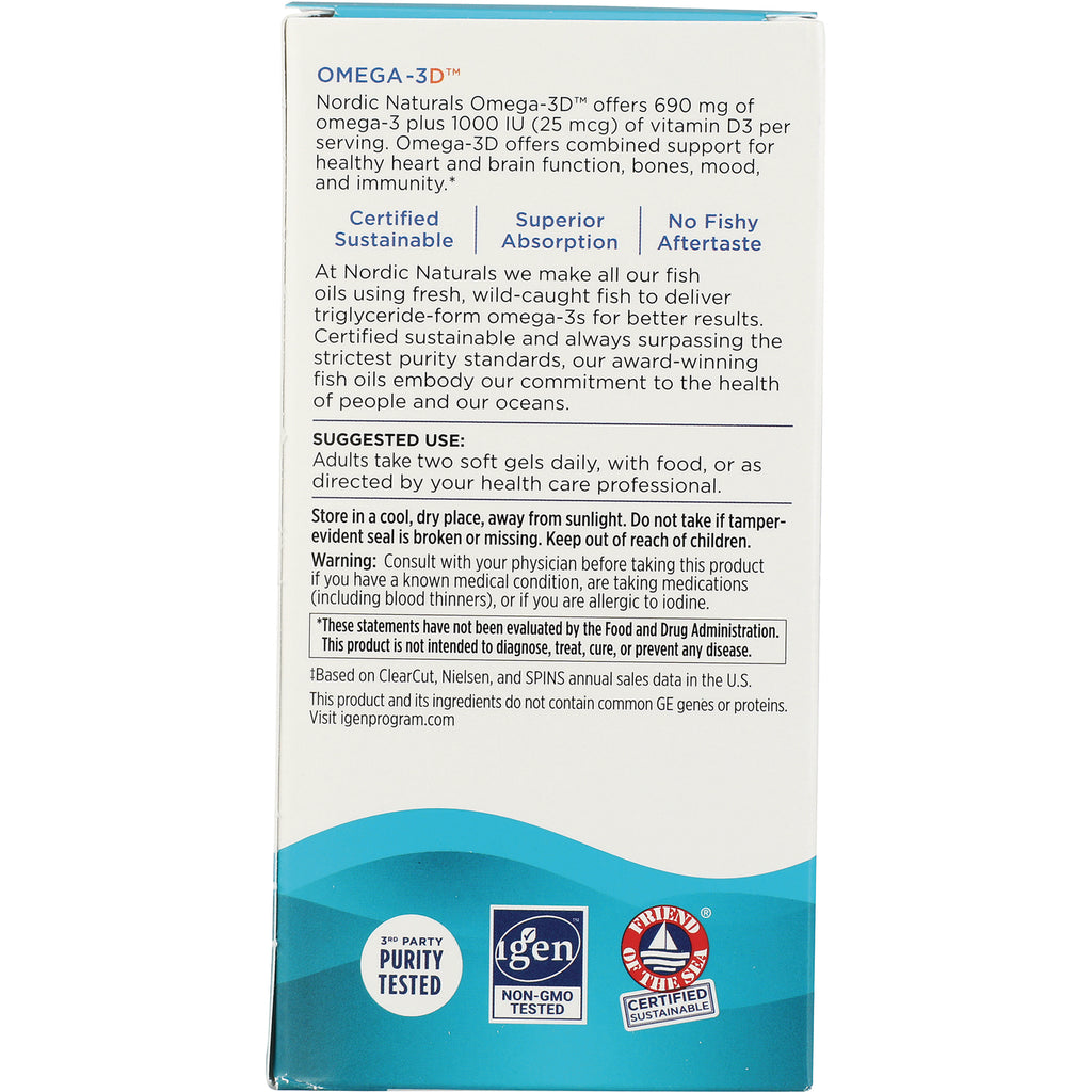 NRN060 | Back of Omega-3D supplement box showing suggested use, warnings, and certification logos - Thumbnail
