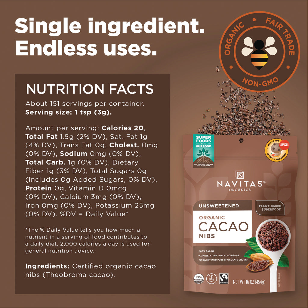 NAV004 | nutrition facts panel and ingredients for Navitas Organics unsweetened organic cacao nibs bag - Thumbnail