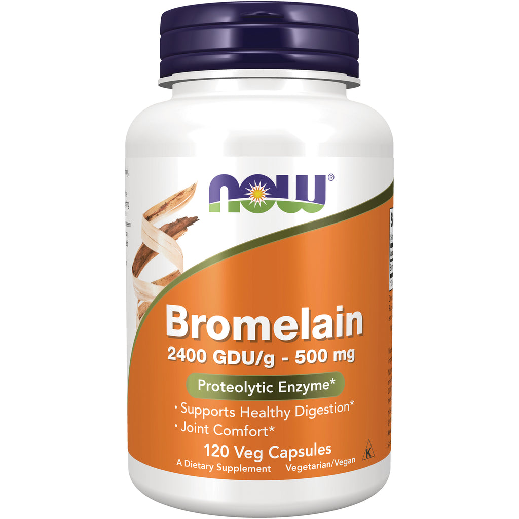 NWF801 | NOW Bromelain supplement bottle, 2400 GDU/g 500 mg, 120 veg capsules - Thumbnail