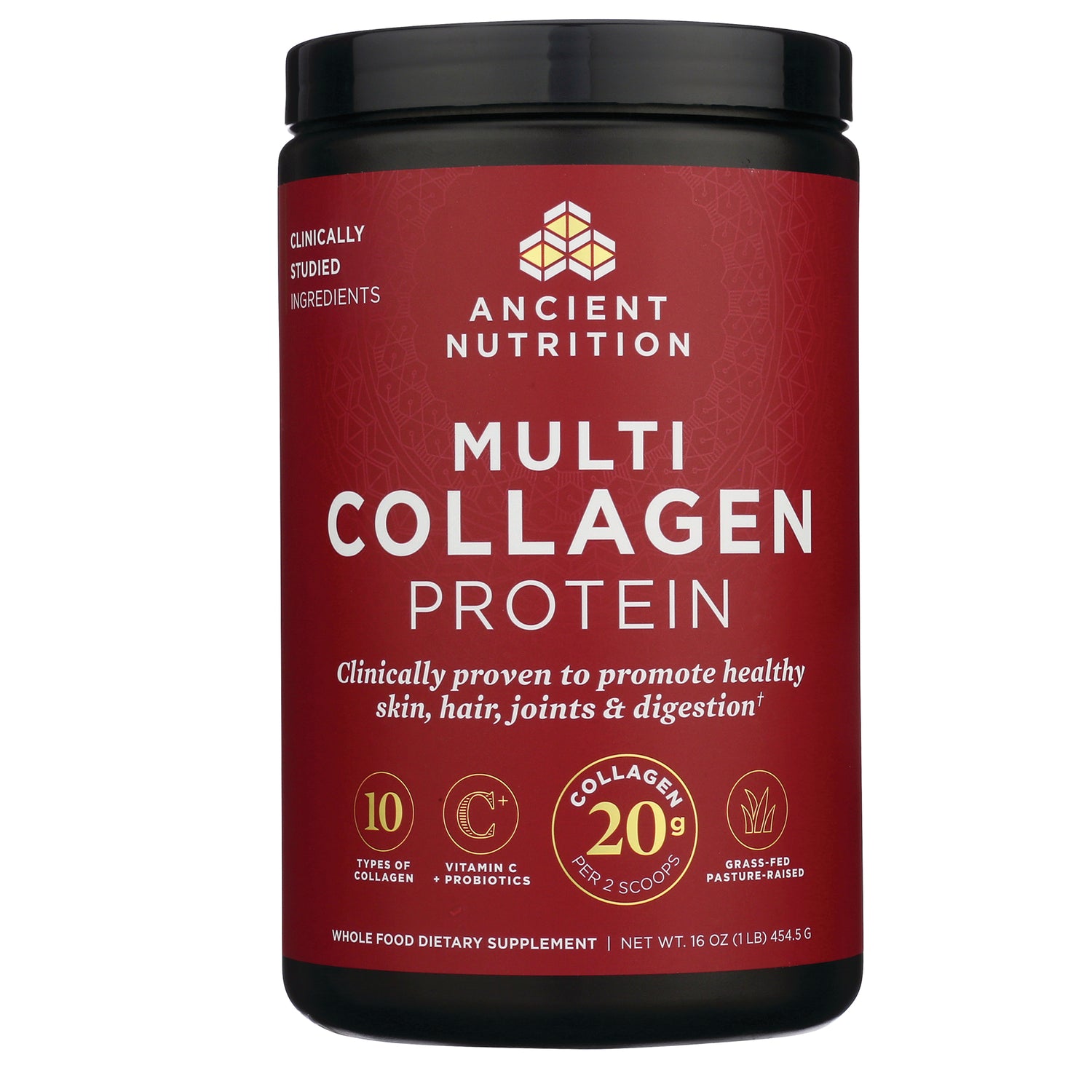 ATN047 | Ancient Nutrition Multi Collagen Protein red tub front showing product name and 20 g collagen per 2 scoops