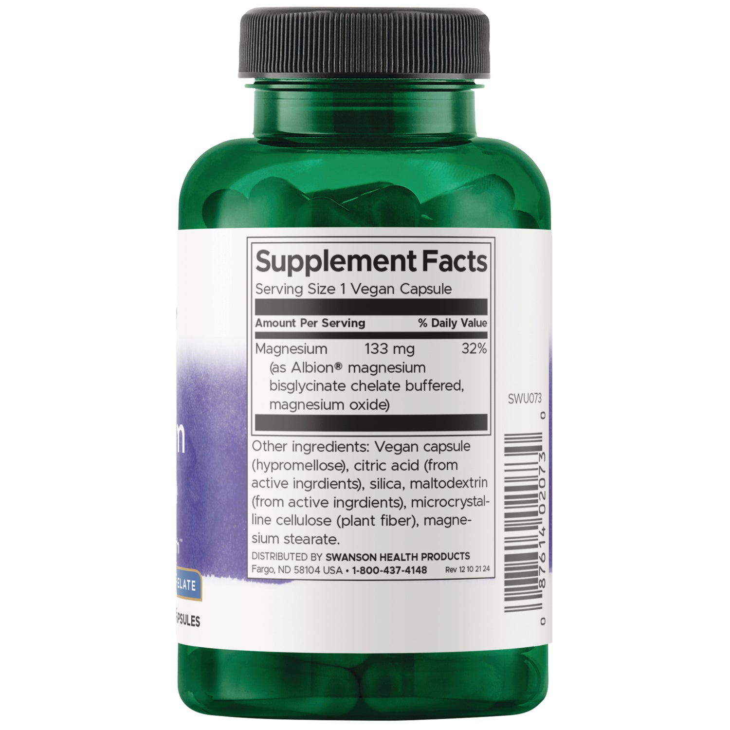 SWU073 | Supplement Facts panel showing magnesium 133 mg, serving size 1 vegan capsule, plus suggested use and warning