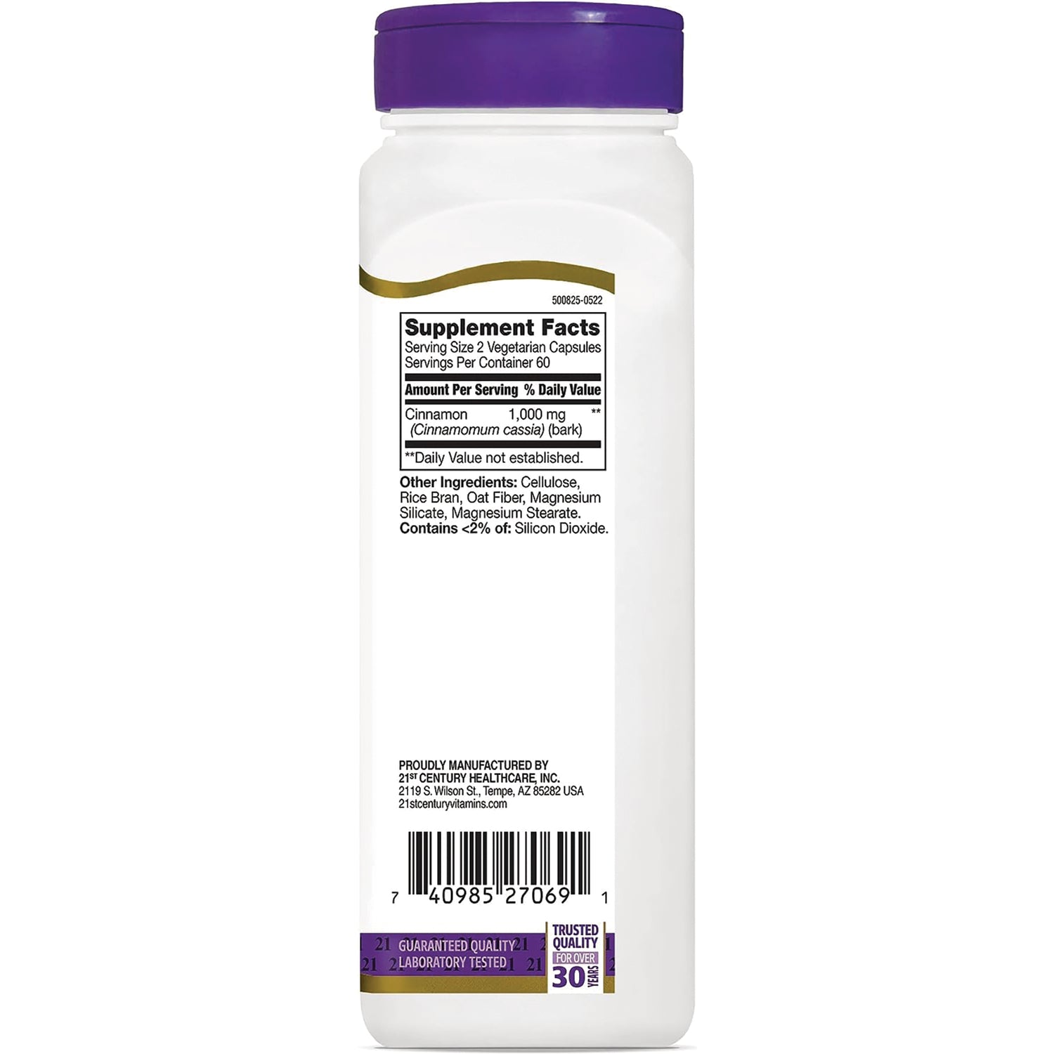 CNT036 | Bottle back with Supplement Facts showing serving size 2 vegetarian capsules, cinnamon 1,000 mg, ingredients and barcode