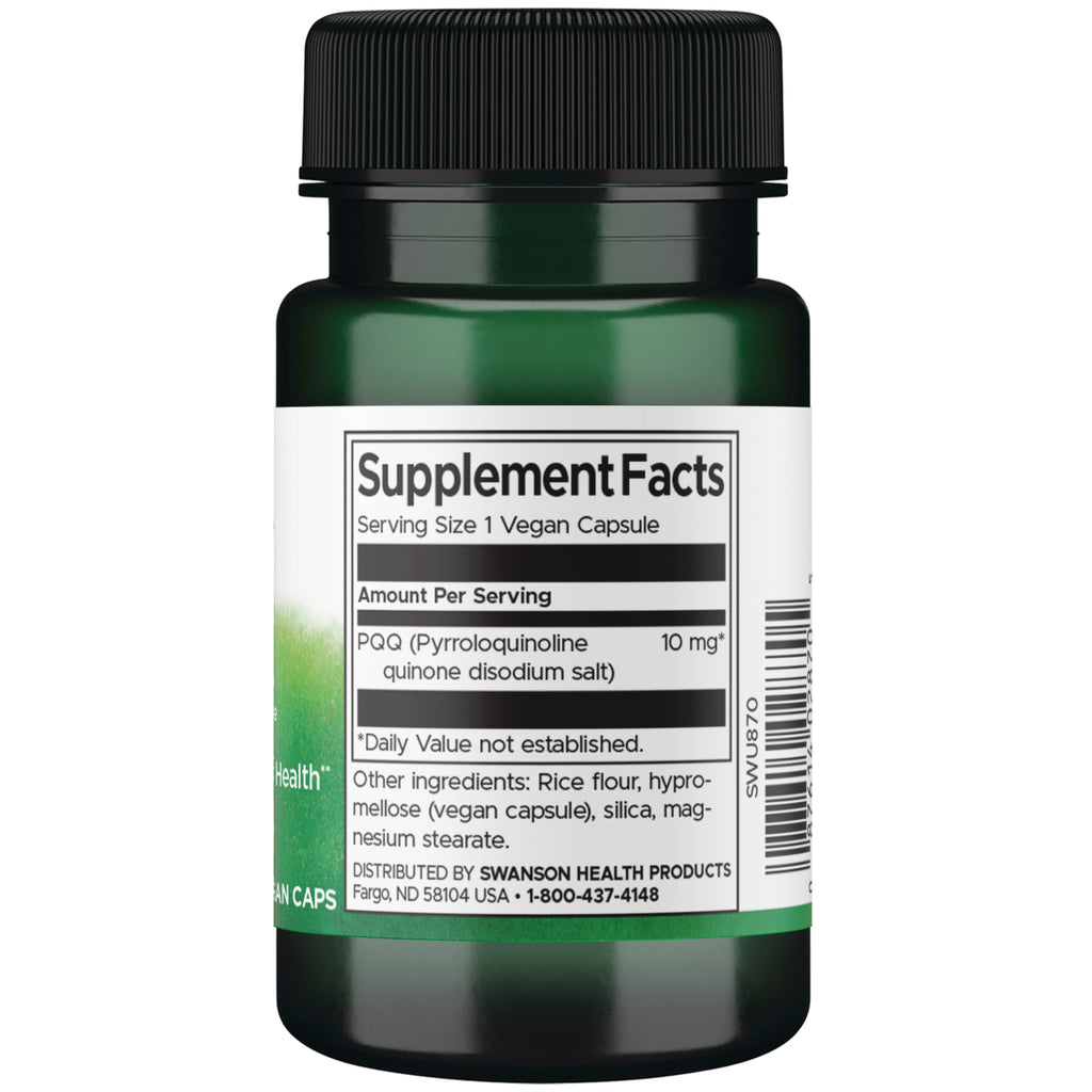 SWU870 | Supplement Facts panel for PQQ 10 mg vegan capsule, ingredients and barcode on back label || SWU870 | Supplement Facts panel for PQQ 10 mg, serving size 1 vegan capsule - Thumbnail