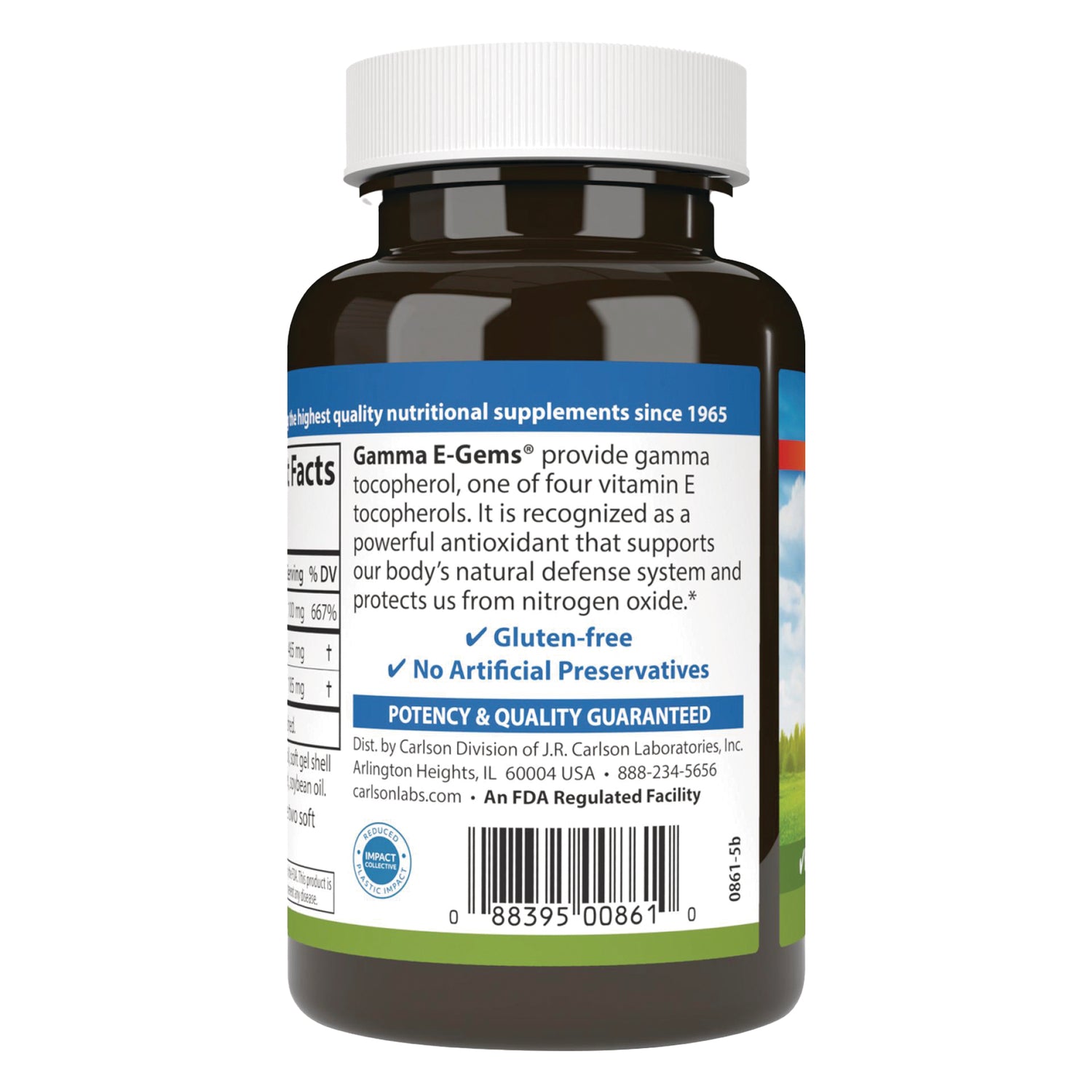 CSN249 | back label of brown supplement bottle showing Gamma E-Gems description, gluten-free and no artificial preservatives, barcode