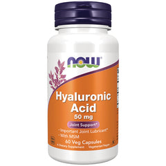 NWF055 | NOW Hyaluronic Acid 50 mg white bottle with orange label and purple cap, 60 veg capsules