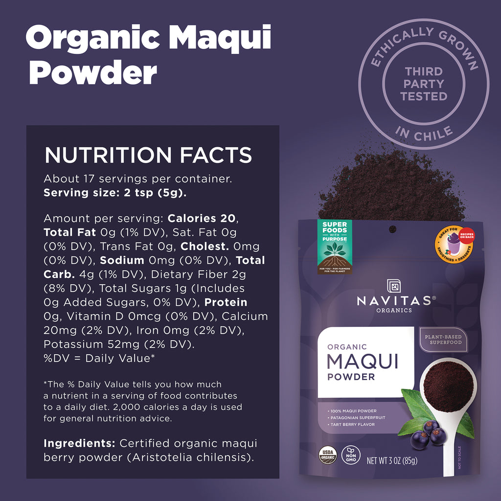 NAV034 | Organic Maqui Powder product infographic showing nutrition facts panel and pouch with scoop of powder - Thumbnail