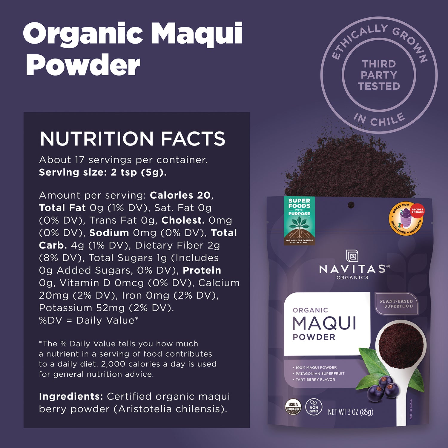 NAV034 | Organic Maqui Powder product infographic showing nutrition facts panel and pouch with scoop of powder