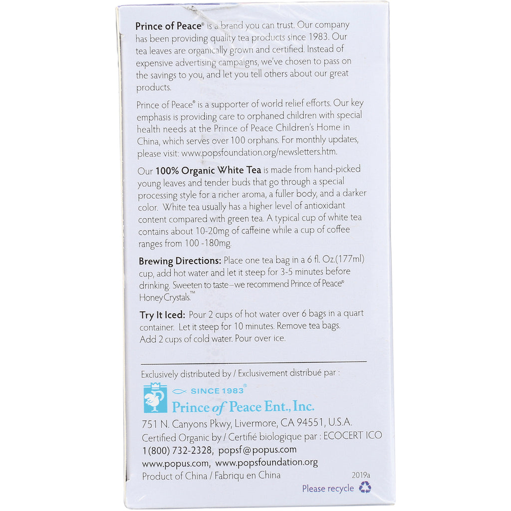 Back of Prince of Peace white tea box showing brewing directions, company contact and organic certification - Thumbnail
