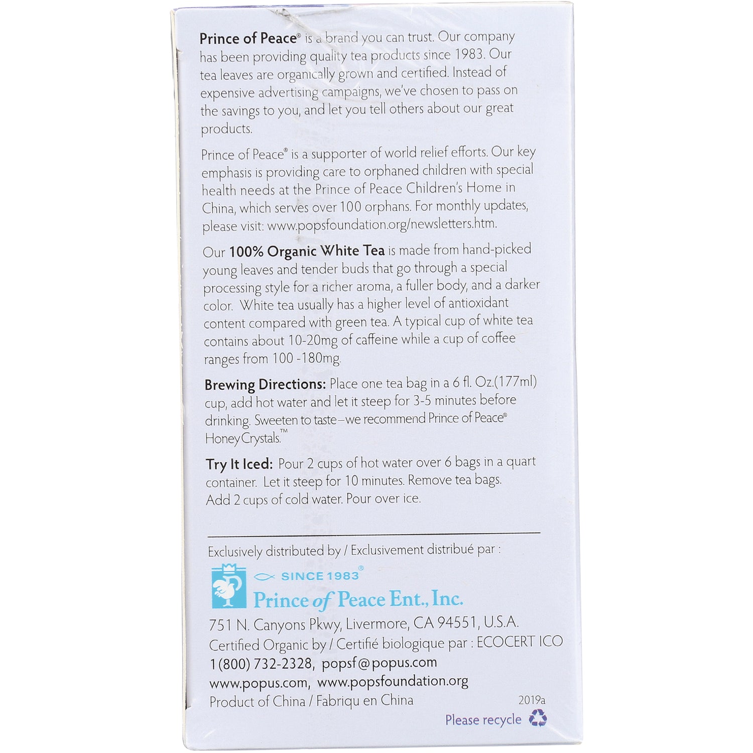 Back of Prince of Peace white tea box showing brewing directions, company contact and organic certification