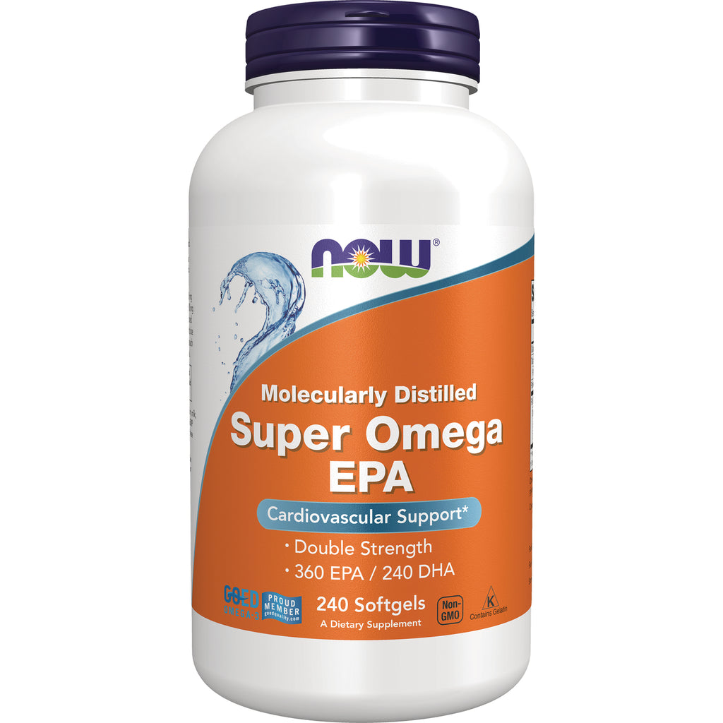 NWF912 | NOW Super Omega EPA white bottle with orange label reading Super Omega EPA, Molecularly Distilled, 240 Softgels - Thumbnail