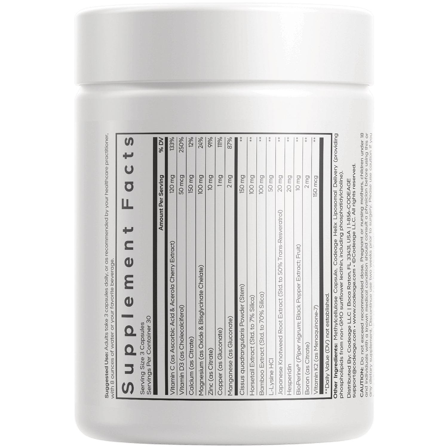 CDG044 | back of white supplement jar showing Supplement Facts label and nutrition facts panel