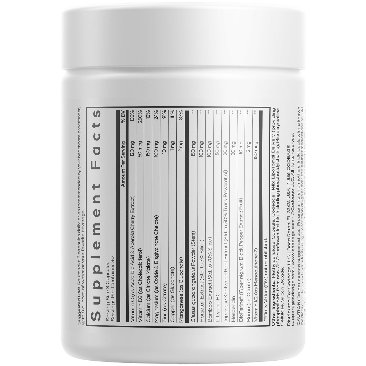 CDG044 | back of white supplement jar showing Supplement Facts label and nutrition facts panel