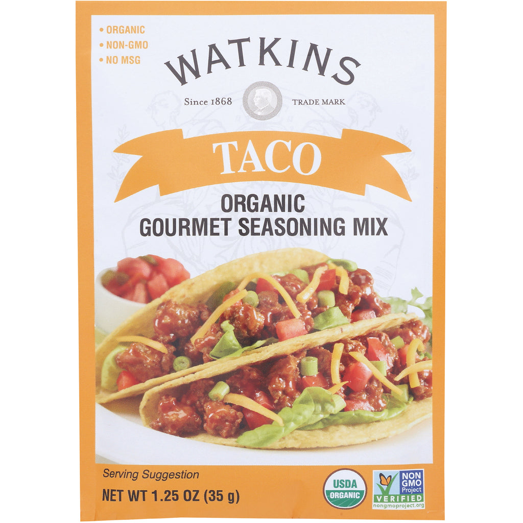WTK023 | Watkins Taco Organic Gourmet Seasoning Mix, 1.25 oz, front of pouch; USDA Organic and Non-GMO Verified - Thumbnail