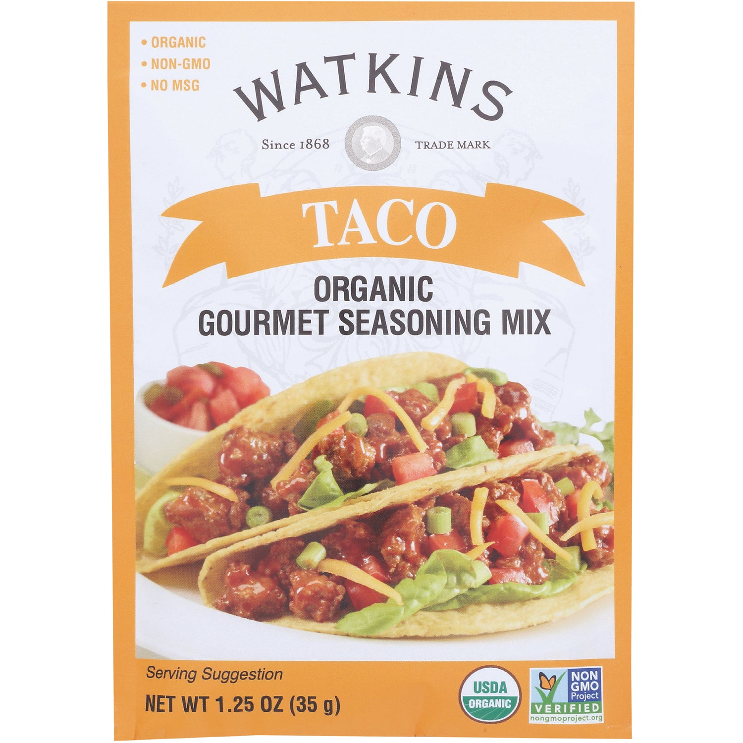 WTK023 | Watkins Taco Organic Gourmet Seasoning Mix, 1.25 oz, front of pouch; USDA Organic and Non-GMO Verified