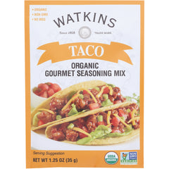 WTK023 | Watkins Taco Organic Gourmet Seasoning Mix, 1.25 oz, front of pouch; USDA Organic and Non-GMO Verified