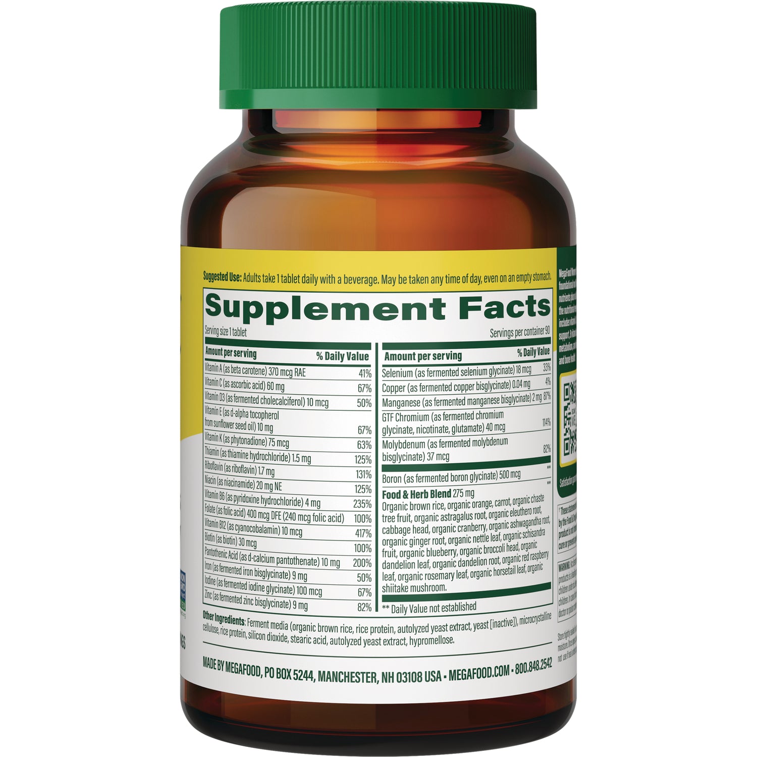 MGF001 | Back of amber supplement bottle showing Supplement Facts nutrition and ingredient panel