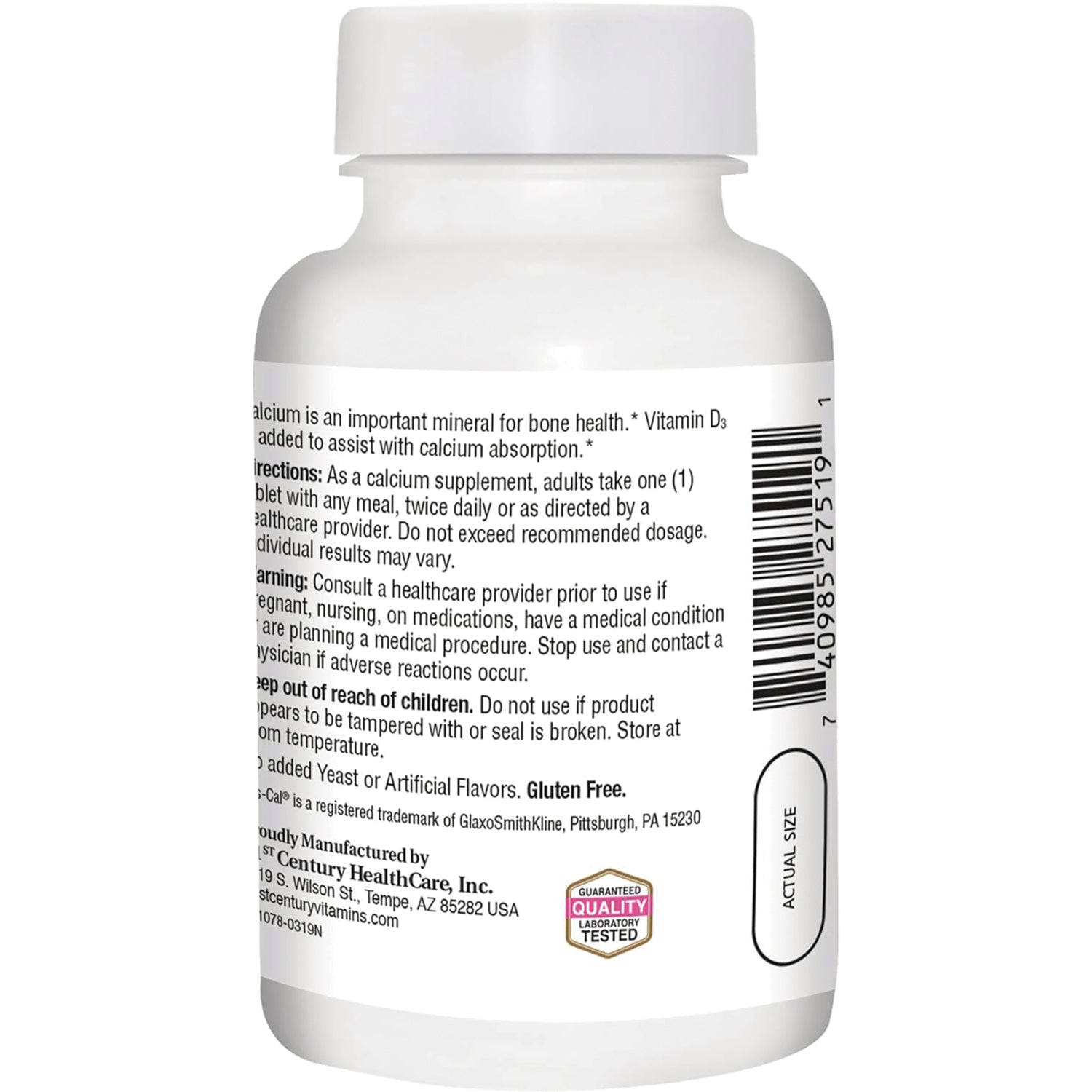 CNT256 | Back label of white supplement bottle showing directions, warnings, barcode and actual size indicator