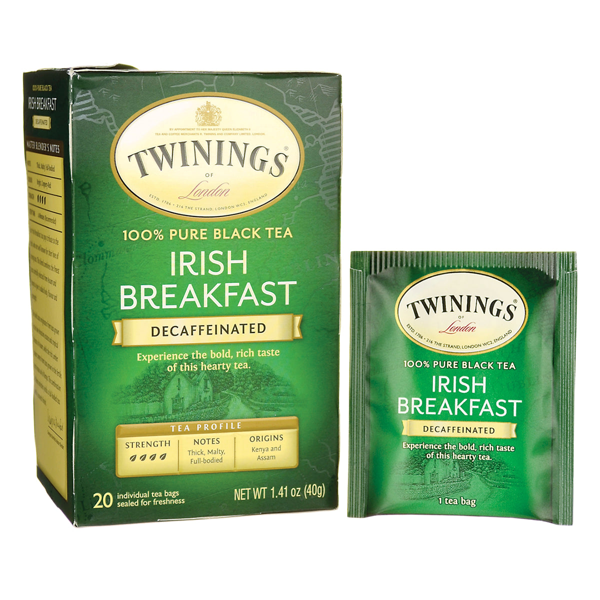 TWN021 | Twinings Irish Breakfast Decaffeinated black tea, 20 tea bags box with one sachet