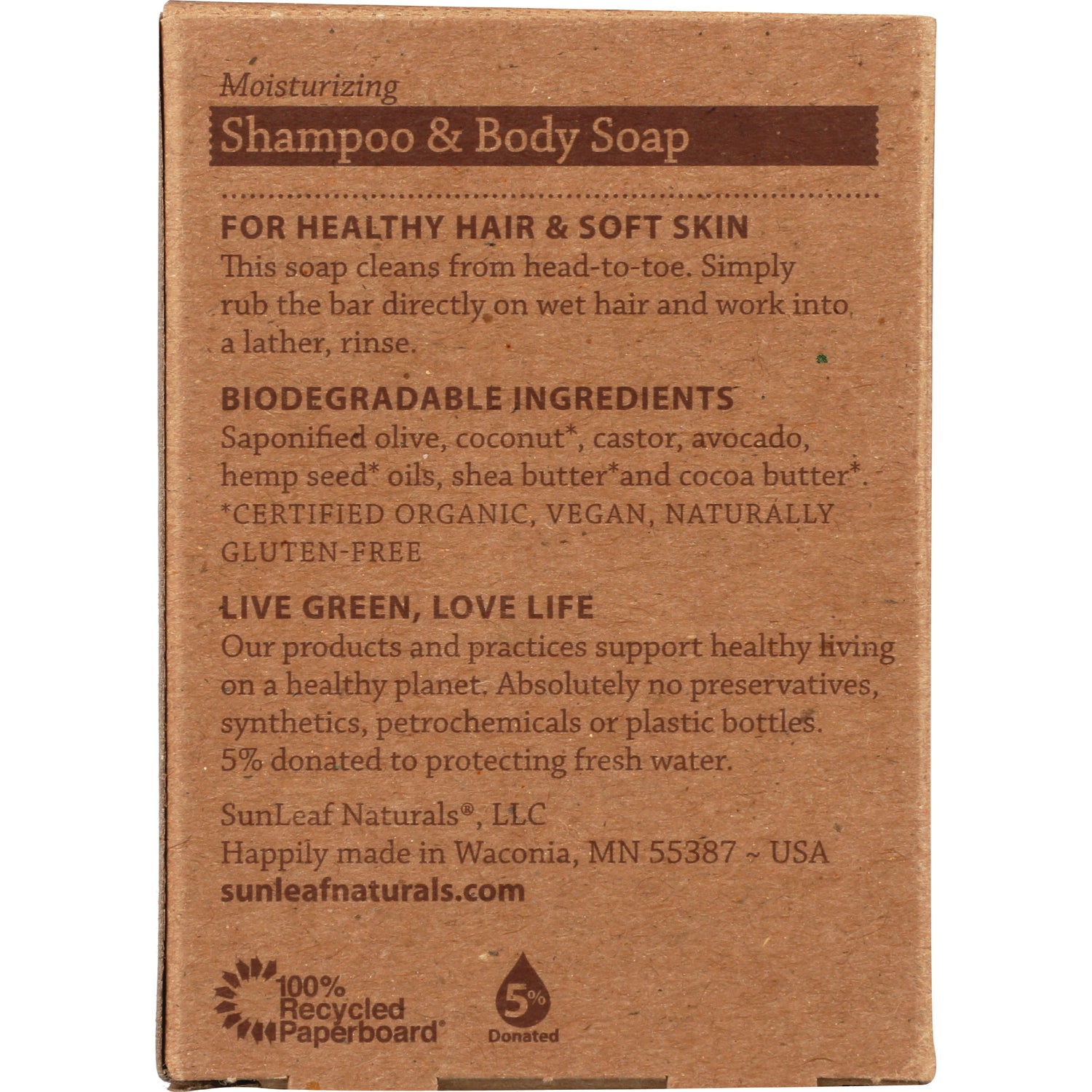 SLN004 | Back of Shampoo & Body Soap box showing biodegradable ingredients, usage instructions, and SunLeaf Naturals contact details