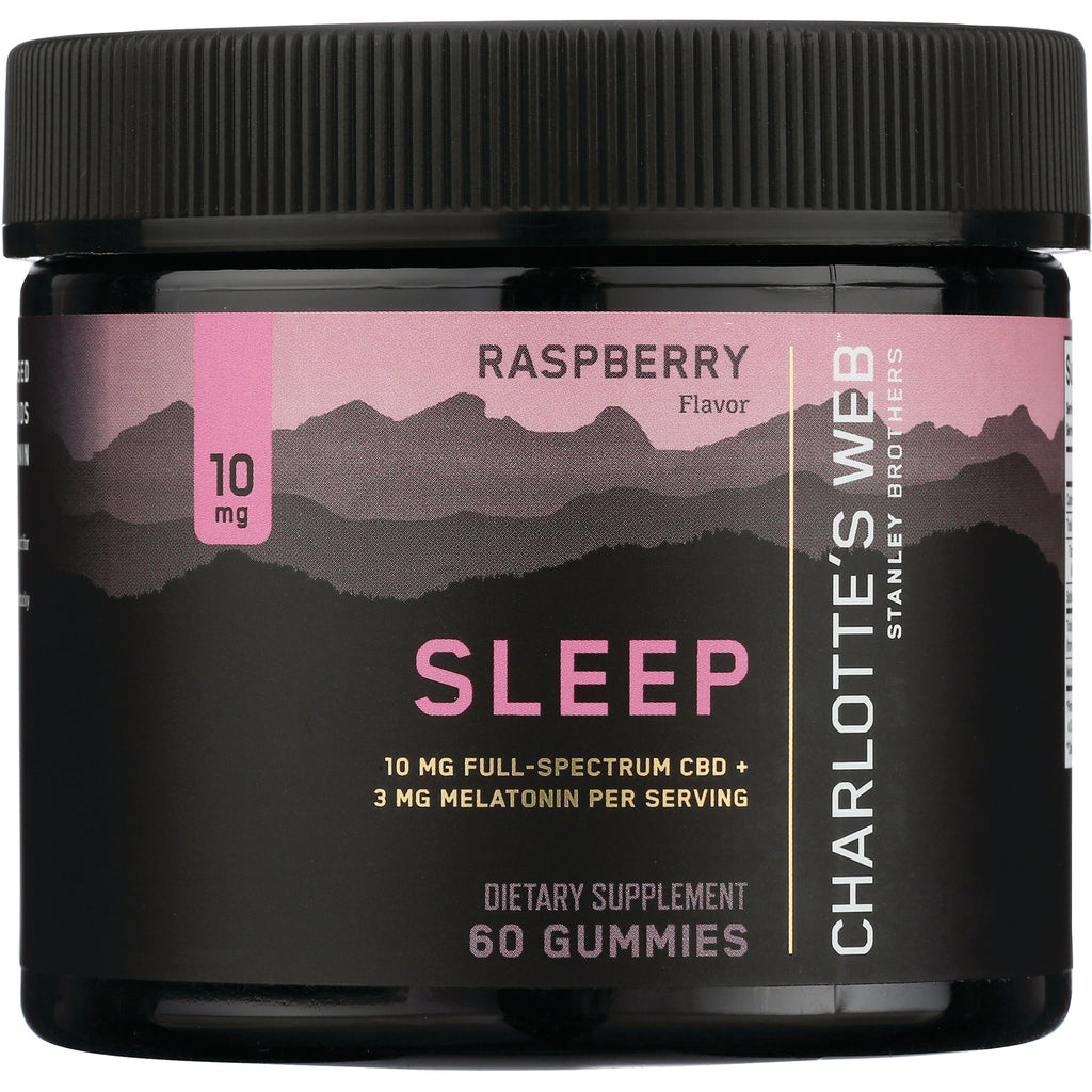 CHW016 | Black jar of raspberry Sleep gummies by Charlotte's Web, 60 gummies, 10 mg CBD and 3 mg melatonin per serving - Thumbnail